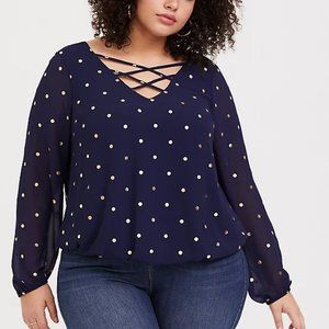 Torrid Navy blouse w/ gold dots and strap design